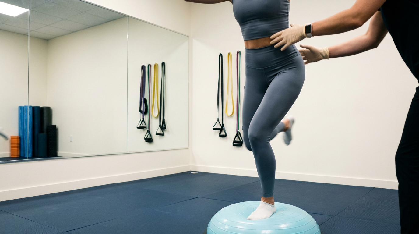 Sesión de rehabilitación funcional con bosu en la clínica