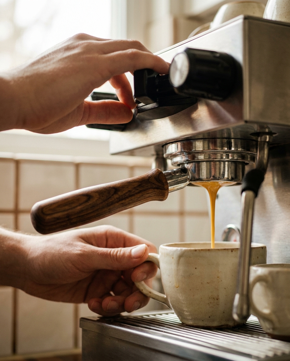 Detalle barista preparando espresso