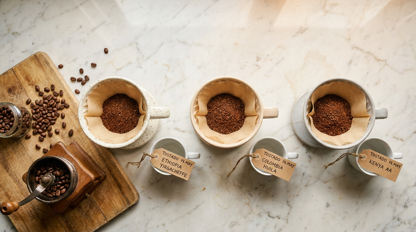 Tres filtrados V60 con cuerpos lote tostado