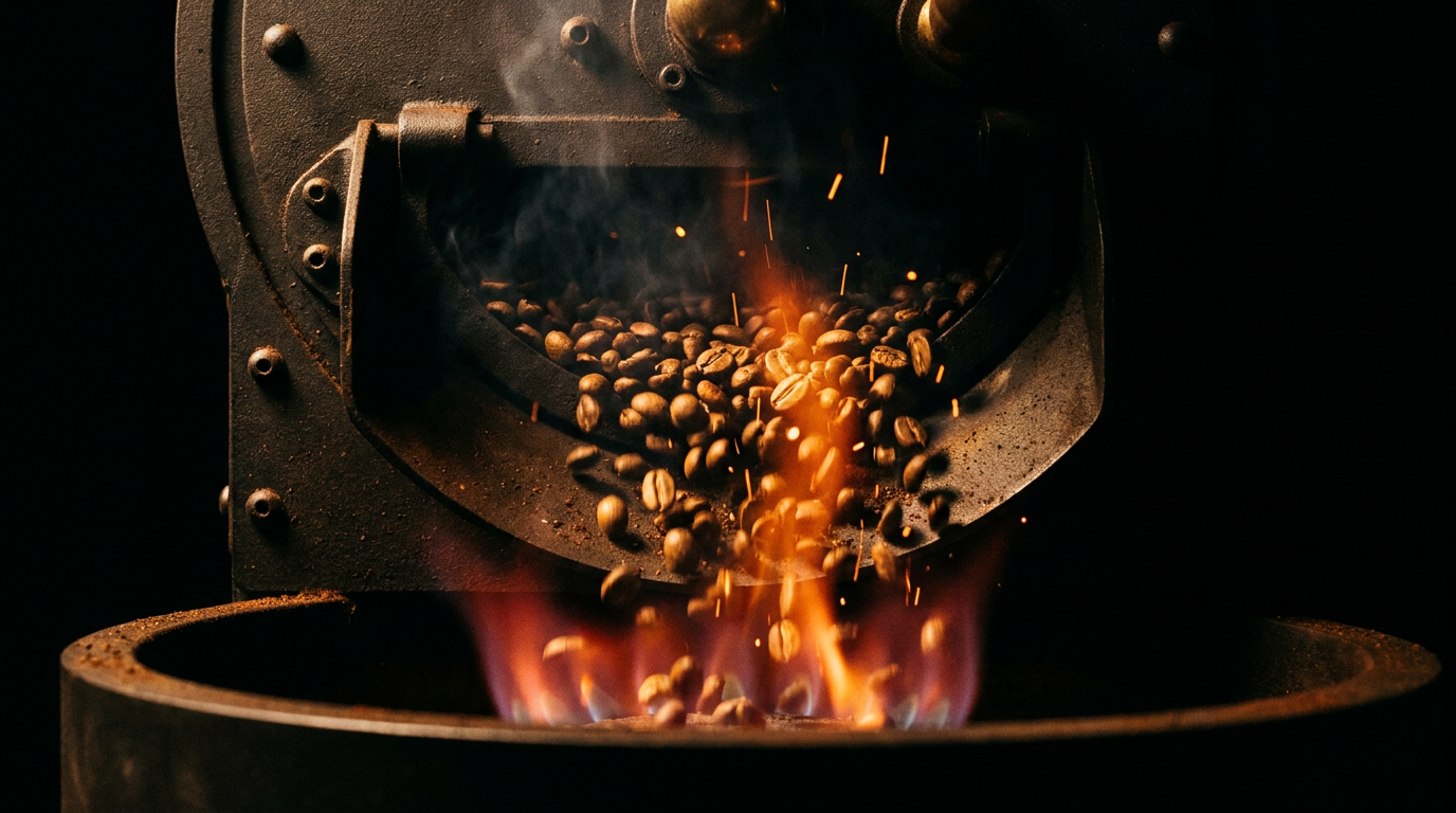 Granos de café tostándose en el tambor en el primer crack